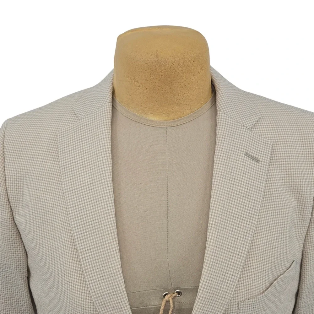 Indochino Blazer Mens Custom Tan Gingham‎ Wool Blend Tropical Flamingo Lining